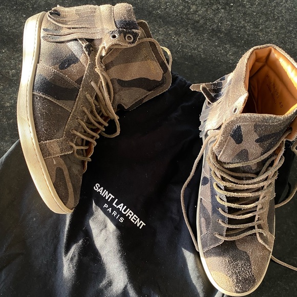 SAINT LAURENT MEN'S CAMO FRINGE HI-TOP SNEAKERS - Picture 1 of 3